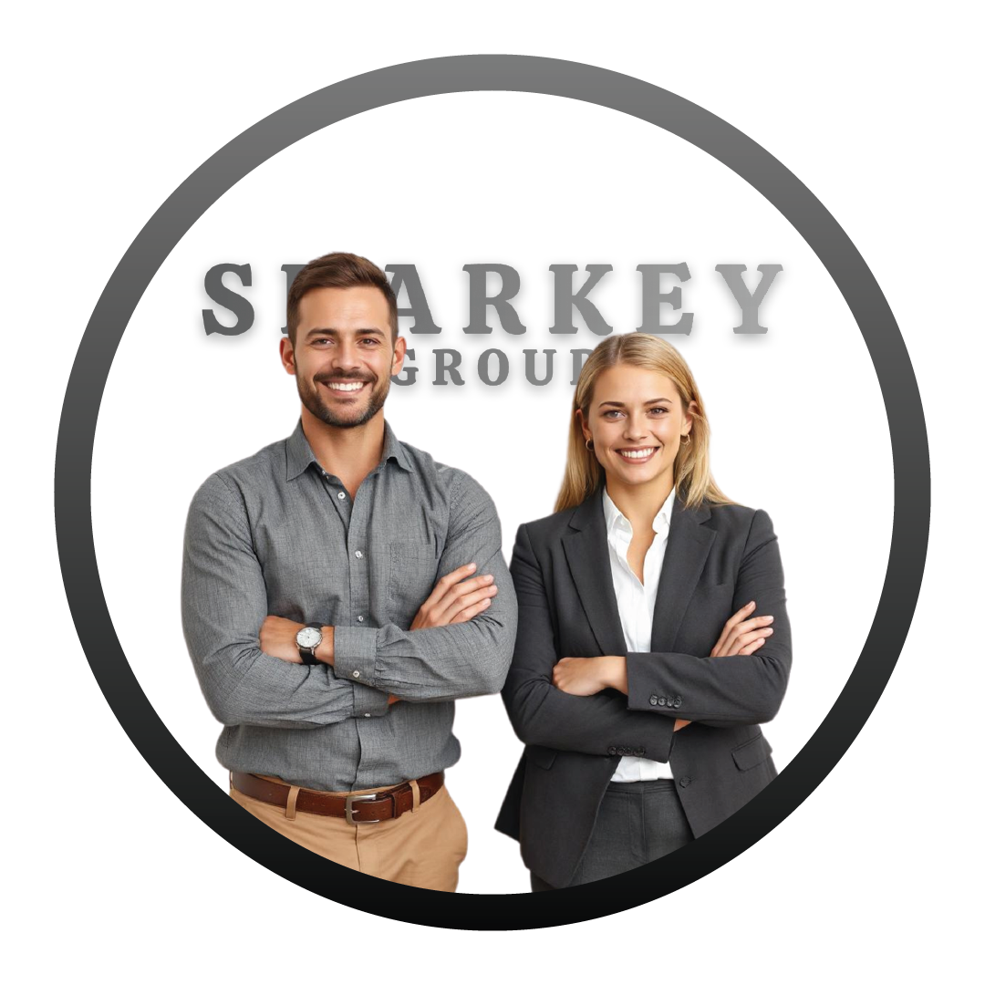 Sharkey Group Logo with man and a woman in the front with silver circle frame